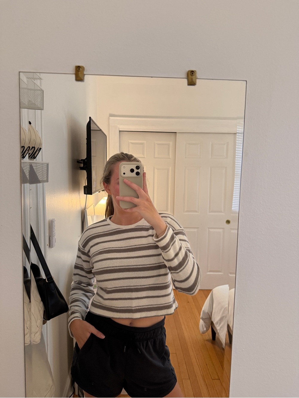 Striped Cropped Long-Sleeve Top - Cream & Taupe
